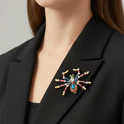 Fashnzfab Crystal Spider Pin Brooch In Brown