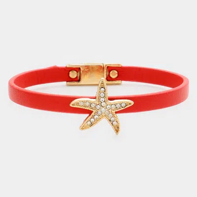 Fashnzfab Crystal Starfish Accented Faux Leather Bracelet Gold, Red In Multi