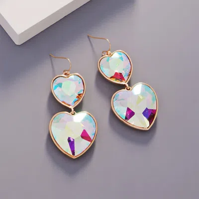 Fashnzfab Crystal Stone Double Heart Link Dropdown Earrings - Gold In Metallic