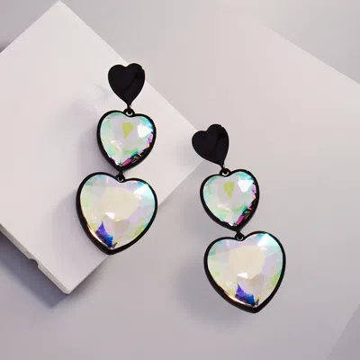 Fashnzfab Crystal Stone Double Heart Link Dropdown Earrings In Metallic