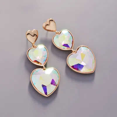 Fashnzfab Crystal Stone Double Heart Link Dropdown Earrings In Gold