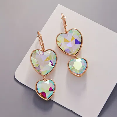 Fashnzfab Crystal Stone Double Heart Link Dropdown Earrings - Gold In Green