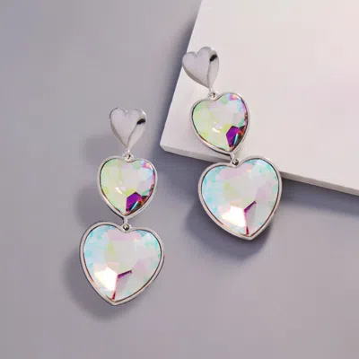 Fashnzfab Crystal Stone Double Heart Link Dropdown Earrings In Metallic