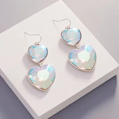Fashnzfab Crystal Stone Double Heart Link Dropdown Earrings - Rhodium In Blue