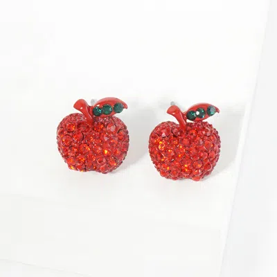 Fashnzfab Crystal Stone Paved Apple Stud Earrings - Siam In Red