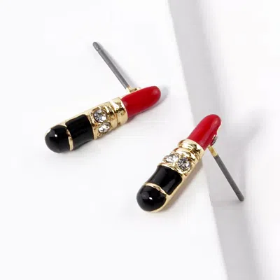 Fashnzfab Crystal Stone Paved Enamel Lipstick Stud Earrings - Gold, Red In Multi