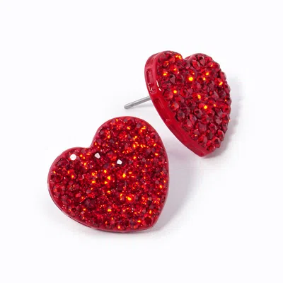 Fashnzfab Crystal Stone Paved Heart Stud Earrings In Red