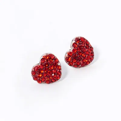 Fashnzfab Crystal Stone Paved Heart Stud Earrings - Siam In Red
