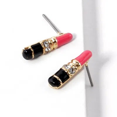 Fashnzfab Crystal Stone Paved Lipstick Stud Earrings In Black