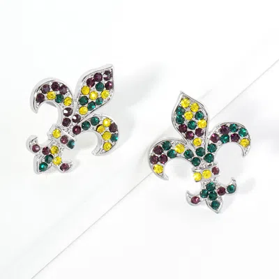 Fashnzfab Crystal Stone Paved Mardi Gras Fleur De Lis Stud Earrings In Multi