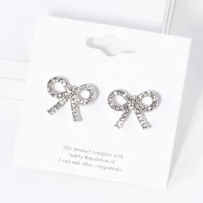 Fashnzfab Crystal Stone Studded Ribbon Stud Earrings In Silver