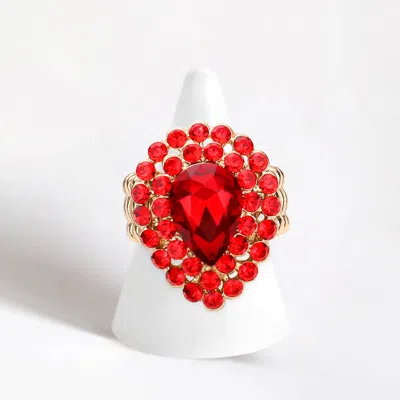Fashnzfab Crystal Teardrop Centered Bubble Cluster Stretch Ring In Red