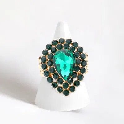 Fashnzfab Crystal Teardrop Centered Bubble Cluster Stretch Ring In Green