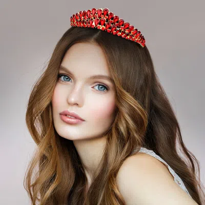 Fashnzfab Crystal Teardrop Cluster Pageant Queen Tiara In Red