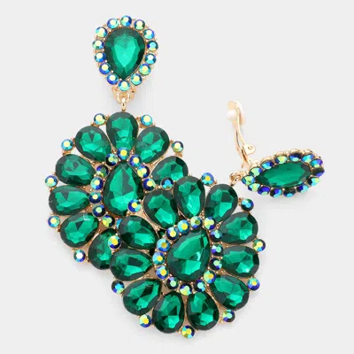Fashnzfab Crystal Teardrop Cluster Statement Clip On Earrings In Green