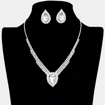 Fashnzfab Crystal Teardrop Drop Rhinestone Necklace In Silver