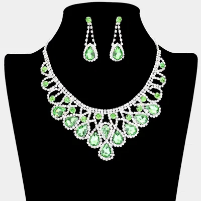 Fashnzfab Crystal Teardrop Rhinestone Pave Evening Necklace In Green