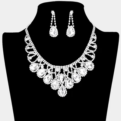 Fashnzfab Crystal Teardrop Rhinestone Pave Evening Necklace In Silver