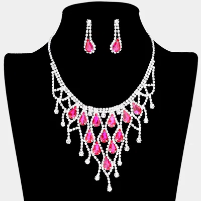 Fashnzfab Crystal Teardrop Rhinestone Pave Net Collar Necklace In Pink