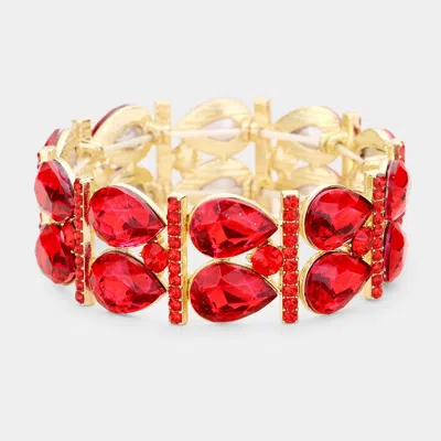 Fashnzfab Crystal Teardrop Rhinestone Pave Stretch Evening Bracelet Gold, Red