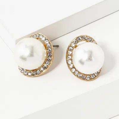 Fashnzfab Crystal Trim Pearl Stud Earrings In Silver