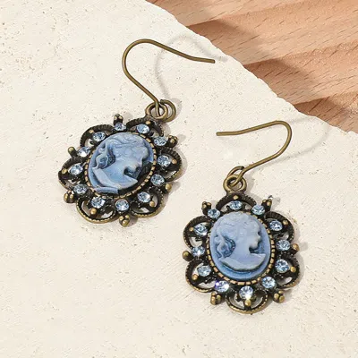 Fashnzfab Crystal Trim Vintage Cameo Dangle Earrings - Blue, Gold Burnished