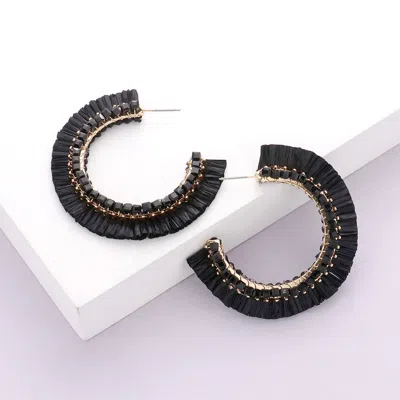 Fashnzfab Cube Bead Embellished Raffia Hoop Earrings - Black