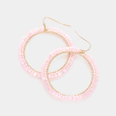 Fashnzfab Cube Bead Trimmed Open Circle Dangle Earrings - Pink