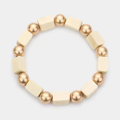 Fashnzfab Cube Wood Metal Ball Stretch Bracelet Ivory In Multi
