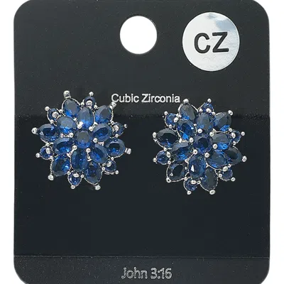Fashnzfab Cubic Zirconia Floral Stud Evening Earrings In Blue