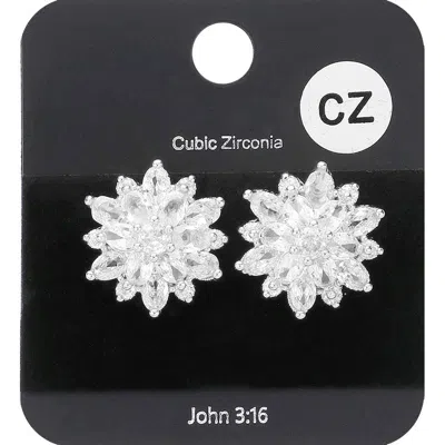 Fashnzfab Cubic Zirconia Floral Stud Evening Earrings In Silver