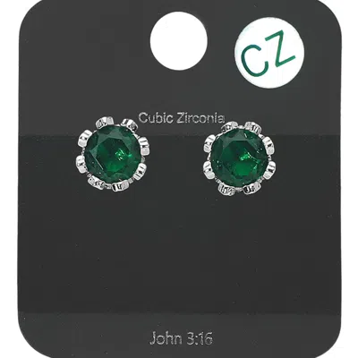 Fashnzfab Cubic Zirconia Round Stud Earrings In Green