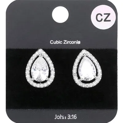 Fashnzfab Cubic Zirconia Teardrop Stud Earrings - Rhodium In Metallic