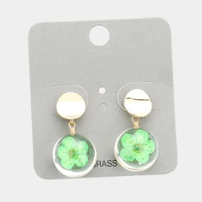 Fashnzfab Curved Brass Metal Round Pressed Flower Lucite Dangle Earrings In Multi