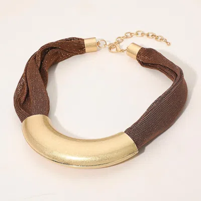 Fashnzfab Curved Metal Plated Accent Mesh Chain Statement Necklace In Brown