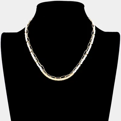 Fashnzfab Curved Metal Tube Accented Pearl Open Oval Link Double Layered Necklace In Gold