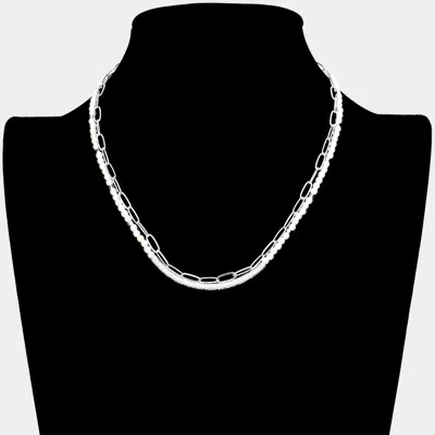 Fashnzfab Curved Metal Tube Accented Pearl Open Oval Link Double Layered Necklace In Metallic