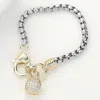 Fashnzfab Cushion Cut Cz Stone Paved Charm Pointed Two Tone Bracelet In Silver