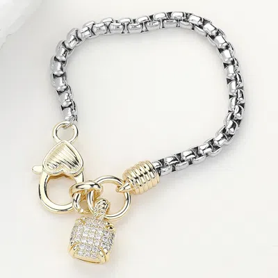 Fashnzfab Cushion Cut Cz Stone Paved Charm Pointed Two Tone Bracelet In Silver