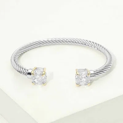 Fashnzfab Cushion Cut Cz Tip Twisted Cable Cuff Bracelet In Metallic