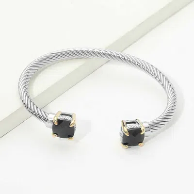 Fashnzfab Cushion Cut Cz Tip Twisted Cable Cuff Bracelet In Silver