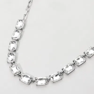 Fashnzfab Cushion Rectangular Stone Cluster Link Evening Necklace - Antique Silver, Clear In Multi