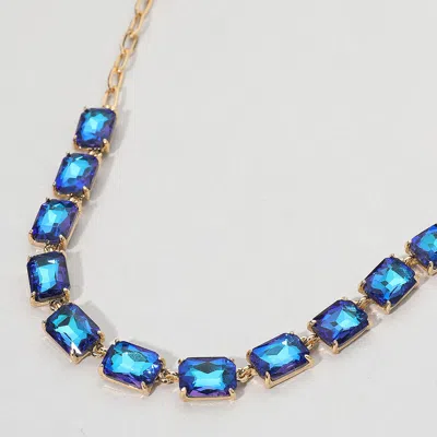 Fashnzfab Cushion Rectangular Stone Cluster Link Evening Necklace - Blue, Gold In Multi