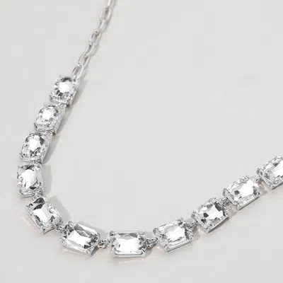 Fashnzfab Cushion Rectangular Stone Cluster Link Evening Necklace - Clear, Silver