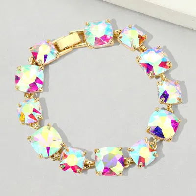 Fashnzfab Cushion Square Stone Link Evening Bracelet Ab, Gold In Multi