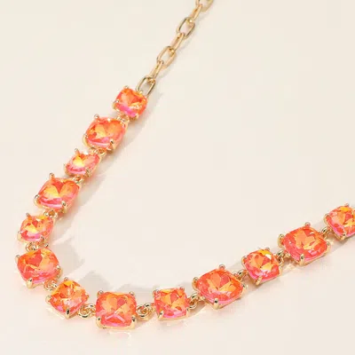 Fashnzfab Cushion Square Stone Link Evening Necklace - Ab, Coral, Neon In Multi