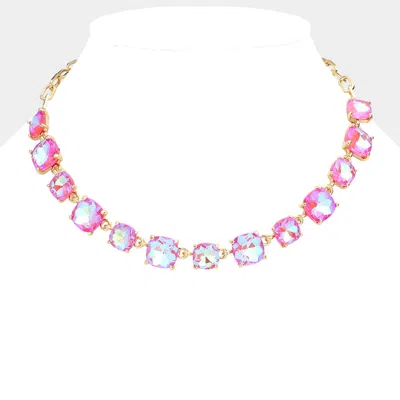 Fashnzfab Cushion Square Stone Link Evening Necklace - Coral In Pink