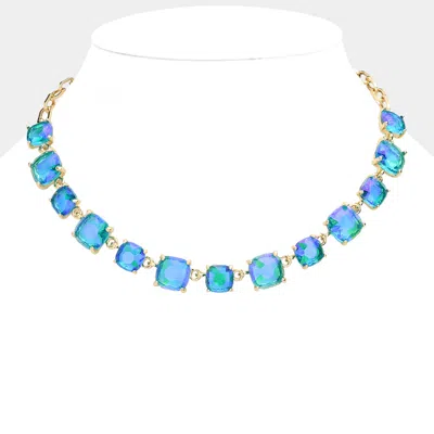 Fashnzfab Cushion Square Stone Link Evening Necklace In Blue