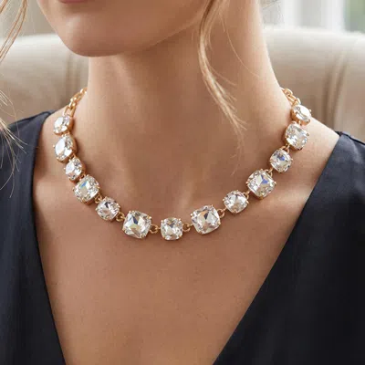 Fashnzfab Cushion Square Stone Link Evening Necklace In Gold