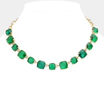 Fashnzfab Cushion Square Stone Link Evening Necklace In Green